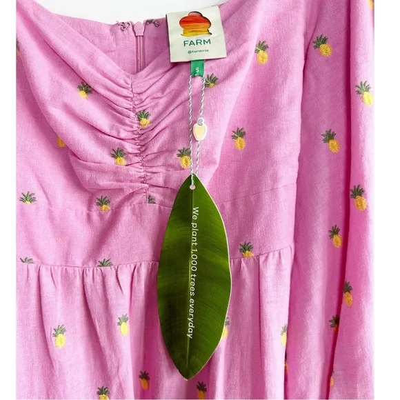Farm Rio Linen Midi Dress Pink Embroidered Pineapple Size Small NWT